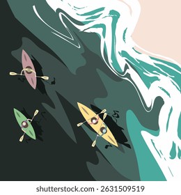 Abstract top view of the sea. Kayaks on ocean waves along the coastline. Travel concept. EPS 10.