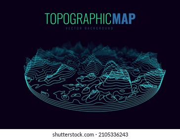 Resumen Fondo topográfico 3D. Mapa del HUD de Ciencia Ficción Blue Contour. Mapa de altura del cilindro. Líneas de luz curvadas de tecnología. Ilustración vectorial. Concepto de navegación de transporte retro futurista.