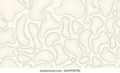 Padrão de contorno topográfico abstrato em bege mole com formas orgânicas irregulares. O layout imita mapas de elevação em uma forma divertida. Adequado para embalagens, cartazes ou desenhos temáticos de viagens.
