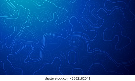 Abstractas patrón de contorno topográfico con líneas onduladas sobre un fondo degradado azul. Ilustraciones vectoriales. Ideal para mapas, fondos, texturas digitales y proyectos de diseño moderno.