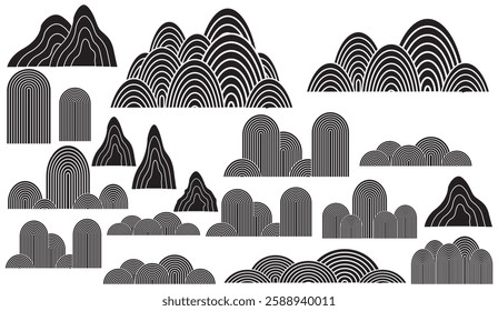 Abstract topographic landscape illustrations with geometric mountain and hill formations creating a minimalist yet visually appealing aesthetic