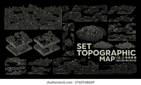 Abstract topographic map with 3D terrain lines. Wireframe mountain landscape, contour elevation and geographic relief pattern. Vector set