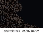 Abstract topographic map background. Gold topographic terrain lines on a black background with space for text. Cartography terrain contour lines backdrop for website, presentations, banner, poster