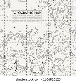 Abstrakter topographischer Kartenhintergrund. Topo-Hintergrundlinien, Kontur, geografisches Gitter. Vektorillustration mit Platz für Text