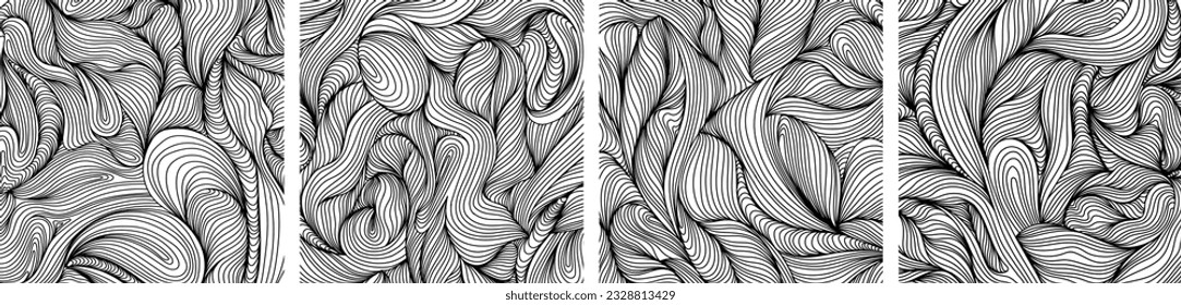 Abstract topographic map concept. Thin black lines on white background template set. Wavy curved line collection.
