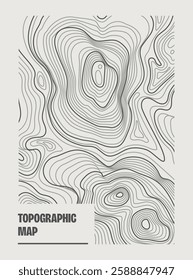 Abstract topographic map with contour lines in black on a light background. The intricate pattern represents elevation changes and terrain details. Vector illustration