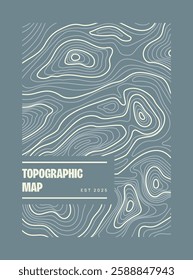 Abstract topographic map design with contour lines in a modern, minimalistic style. The background is muted blue-gray. Concept of geography and cartography. Vector illustration