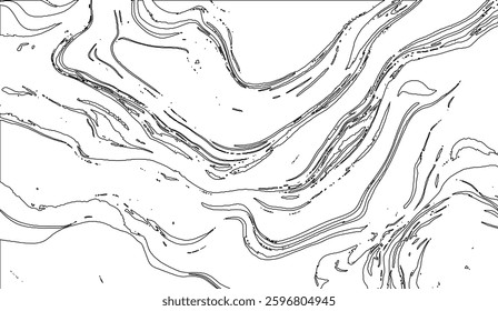 Abstract Topographic Map Illustration Depicting Flowing Terrain in Stark Black and White Lines with Intricate Details and Organic Shapes