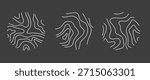 Abstract topographic map line background set . Circular wood rings logo set. Modern logo style terrain map illustration Wood section texture circles. Collection of patterns on dark background