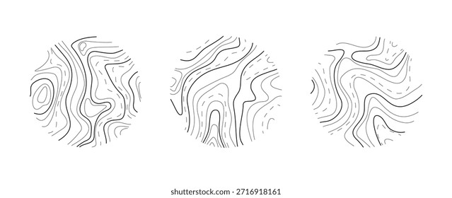 Conjunto de plano de fundo de linha de mapa topográfico abstrato . Conjunto de logotipo circular anéis de madeira. Moderno estilo de logotipo mapa de terreno ilustração Wood seção textura círculos. Coleção de padrões vetoriais sobre fundo branco