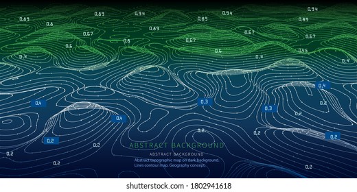 Abstract topographic map on dark background. Lines contour map.  Wavy lines geo backdrop.  Geography concept.