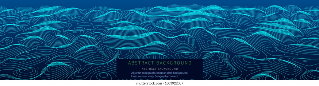 Mapa topográfico abstracto sobre fondo oscuro. Mapa de contorno de líneas. Concepto geográfico. Fondo geográfico de líneas onduladas.