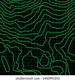 Abstract topographic map on radar screen. Vector retro background.