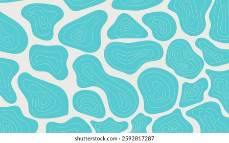 Abstract topographic pattern with teal contoured shapes on a light beige background evokes organic forms and geological contours creating a modern artistic expression