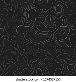 Abstract topography. Actual topography map. Dark seamless design, creative tileable isolines pattern. Vector illustration.