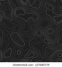Abstract topography. Actual topography map. Dark seamless design, exceptional tileable isolines pattern. Vector illustration.