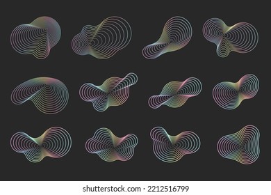 Abstract topography circles. Organic neon colored texture shapes. Vector outline holographic illustrations set