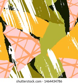 Abstract torn paper collage in pink and green. Seamless vector pattern