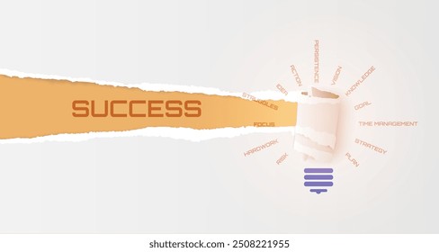 Design de papel rasgado abstrato enrolado em uma forma de lâmpada com o texto "SUCESSO" transmite o sucesso através de estratégia e gerenciamento. Perfeito para negócios e temas inspiradores.