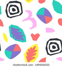 Abstract torn paper and geometric shapes collage. Retro style. Vector seamless pattern.