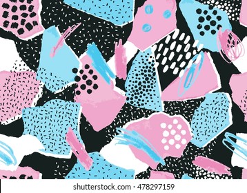 Abstract Torn Paper And Geometric Shapes Collage Of Retro 80's Fashion Textures. Seamless Pattern.