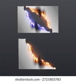Abstract torn paper reveal with flame and lightning effect.