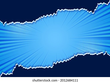 Abstract torn ripped paper dark blue with zoom lines on blue background comic concept. Vector illustration