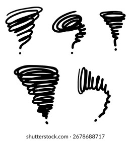 Abstract tornado doodles. A collection of thin black lines of wind storms in vector illustration.