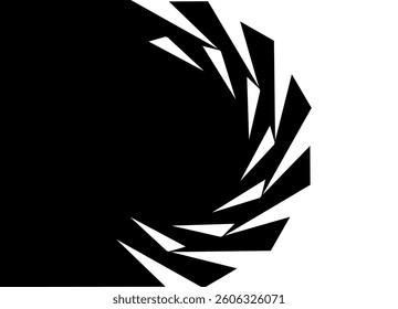 Abstract tornado pattern of broken swirling lines and shapes. Black and white rounded vector background. For labels, covers, advertising, packaging. Transition from black to white