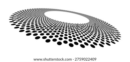 Abstract torus ring in perspective view composed of concentric rows of circular dots with gradient size variation from large to tiny. Black and white halftone dot vector illustration on white background.