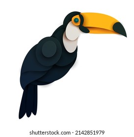 Abstract toucan bird isolated on white background. Creative 3d concept in cartoon craft paper cut style. Colorful minimal design character. Modern geometric vector illustration.