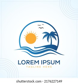 Abstract Tour Travel with Beach sun coconut tree modern creative premium logo design vector template
