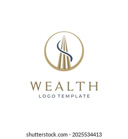 Abstract Tower Building with Dollar $ for Wealth Investment Property logo design
