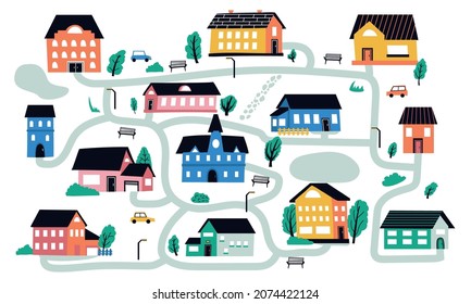 Abstract Town. Cute Hand Drawn Cozy Cottage Buildings With Tiny Windows, Doors And Small Wall Bricks. Doodle Countryside With Trees And Roads. City Map Vector Isolated Illustration