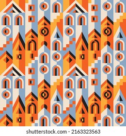 Abstract town geometric background vector seamless pattern. Website backdrop. Building city construction. Decorative houses steps. Blocks structure. Graphic illustration. 