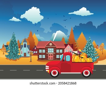 Ciudad abstracta y camioneta roja con calabazas, paisaje rural de otoño