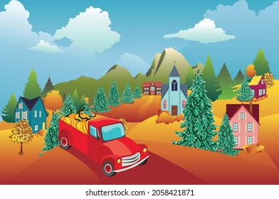 Ciudad abstracta y camioneta roja con calabazas, paisaje rural de otoño