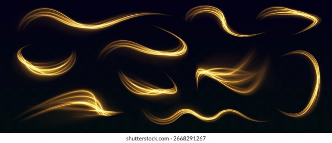 Abstract trace of high-speed light line of yellow color on transparent background. Golden line curved light effect.	
