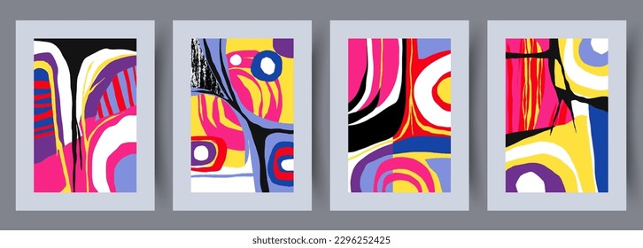 Abstract tracery contrasting postmodernism wall art print. Contemporary decorative background. Printable minimal abstract tracery poster. Wall artwork for interior design. Bundle, collection.