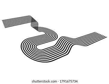 Abstract track with curves from black curved parallel lines on a white background. Trendy vector pattern