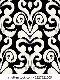 Abstract Traditional Scribble Style Hand Drawn Ikat Seamless Vector Pattern Trendy Fashion Colors Perfect for Allover Fabric Print or Wall Paper Damask Ethnic Concept Monochrome Black Background