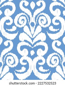 Abstract Traditional Scribble Style Hand Drawn Ikat Seamless Vector Pattern Trendy Fashion Colors Perfect for Allover Fabric Print or Wall Paper Damask Ethnic Concept Sky Blue Background
