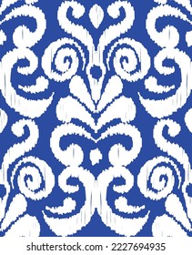 Abstract Traditional Scribble Style Hand Drawn Ikat Seamless Vector Pattern Trendy Fashion Colors Perfect for Allover Fabric Print or Wall Paper Damask Ethnic Concept Royal Blue Background