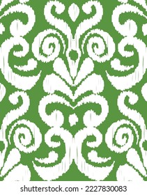 Abstract Traditional Scribble Style Hand Drawn Ikat Seamless Vector Pattern Trendy Fashion Colors Perfect for Allover Fabric Print or Wall Paper Damask Ethnic Concept Green Background