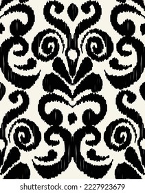 Abstract Traditional Scribble Style Hand Drawn Ikat Seamless Vector Pattern Trendy Fashion Colors Perfect for Allover Fabric Print or Wall Paper Damask Ethnic Concept Monochrome Ecru Background Black