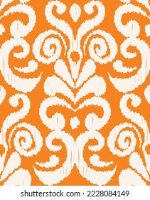 Abstract Traditional Scribble Style Hand Drawn Ikat Seamless Vector Pattern Trendy Fashion Colors Perfect for Allover Fabric Print or Wall Paper Damask Ethnic Concept Bright Orange White Tones