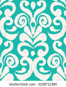 Abstract Traditional Scribble Style Hand Drawn Ikat Seamless Vector Pattern Trendy Fashion Colors Perfect for Allover Fabric Print or Wall Paper Damask Ethnic Concept Tiffany Blue White Tones