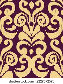 Abstract Traditional Scribble Style Hand Drawn Ikat Seamless Vector Pattern Trendy Fashion Colors Perfect for Allover Fabric Print or Wall Paper Damask Ethnic Concept Dark Purple Ecru Tones