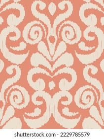 Abstract Traditional Scribble Style Hand Drawn Ikat Seamless Vector Pattern Trendy Fashion Colors Perfect for Allover Fabric Print or Wall Paper Damask Ethnic Concept Salmon Background