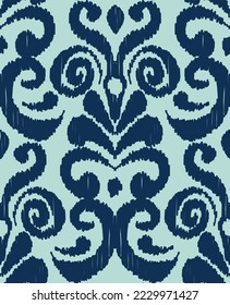 Abstract Traditional Scribble Style Hand Drawn Ikat Seamless Vector Pattern Trendy Fashion Colors Perfect for Allover Fabric Print or Wall Paper Damask Ethnic Concept Mint Blue Navy Blue Tones